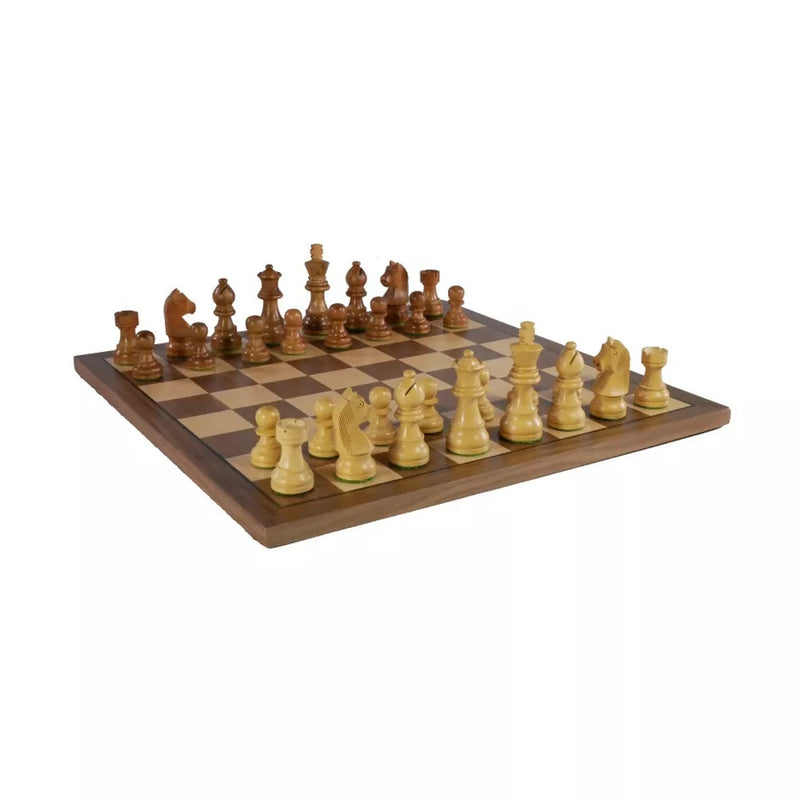 Chess Set - 3" Sheesham/Boxwood German Knight on Walnut & Maple Veneer